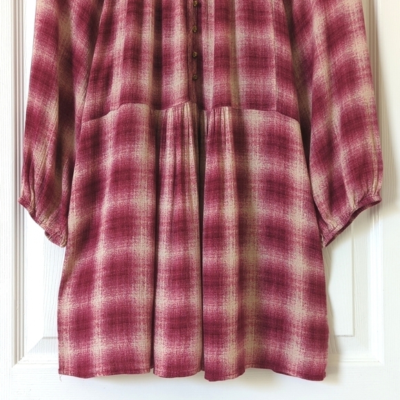 Maeve Calavan Plaid Oversized Three Quarter Sleeve Button Up Peplum Blouse Pink - Picture 8 of 15